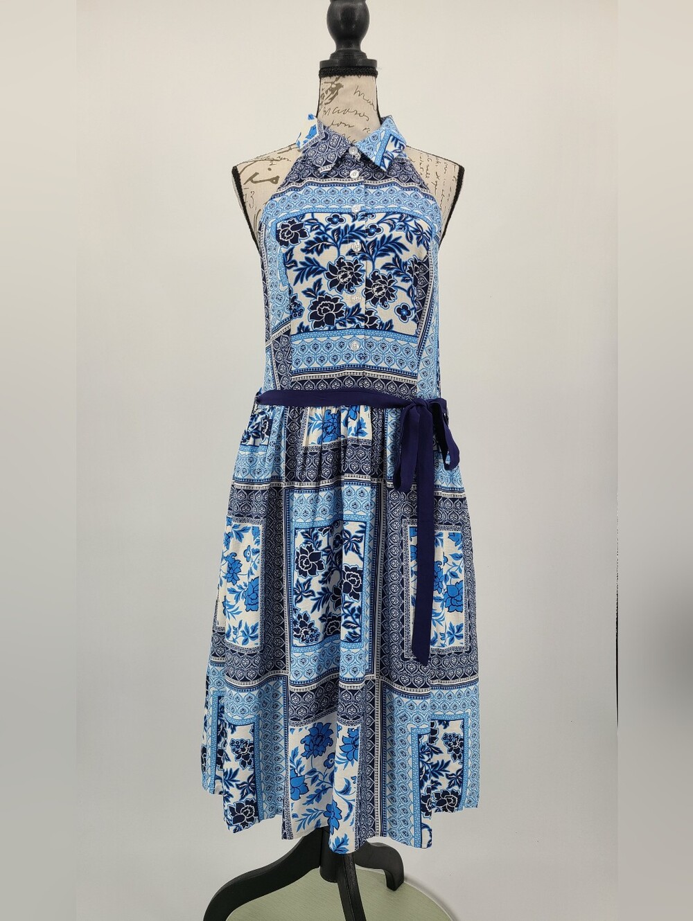 ModCloth Halter Patchwork Tie Waist Button Down Midi Dress Size Large